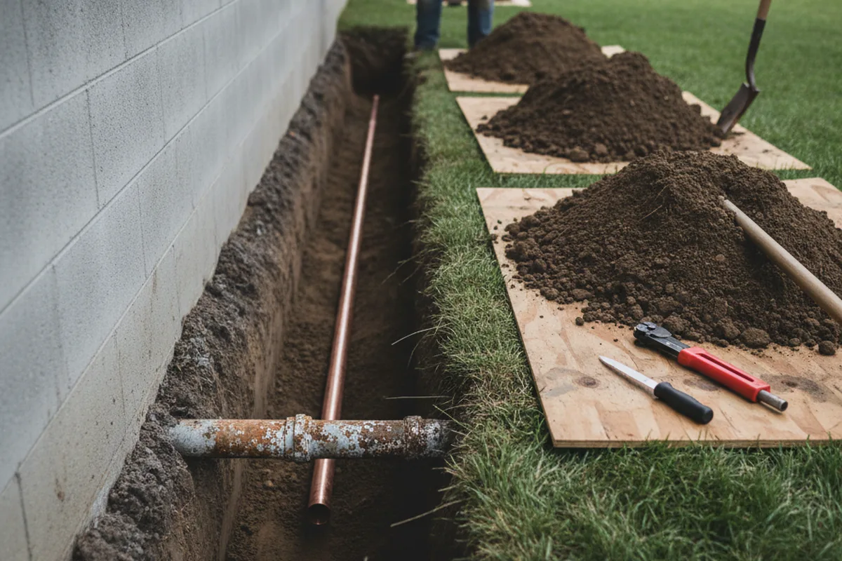 Excavated water line trench during Sewer Line Repair in Winnsboro